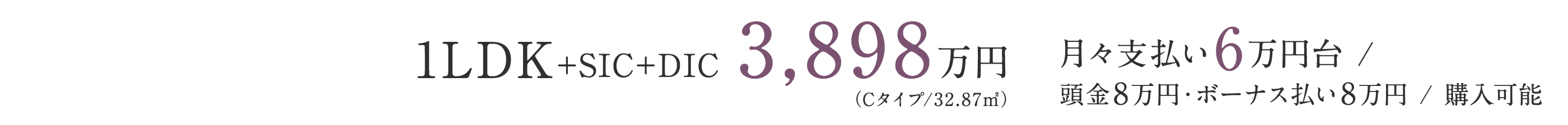 1LDK+SIC+DIC 3,898万円（Cタイプ/32.87㎡）／月々支払い6万円台／頭金8万円・ボーナス払い8万円／購入可能